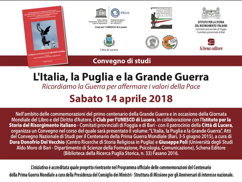 Club per l'UNESCO Lucera: convegno 'L’Italia, la Puglia e la Grande Guerra'